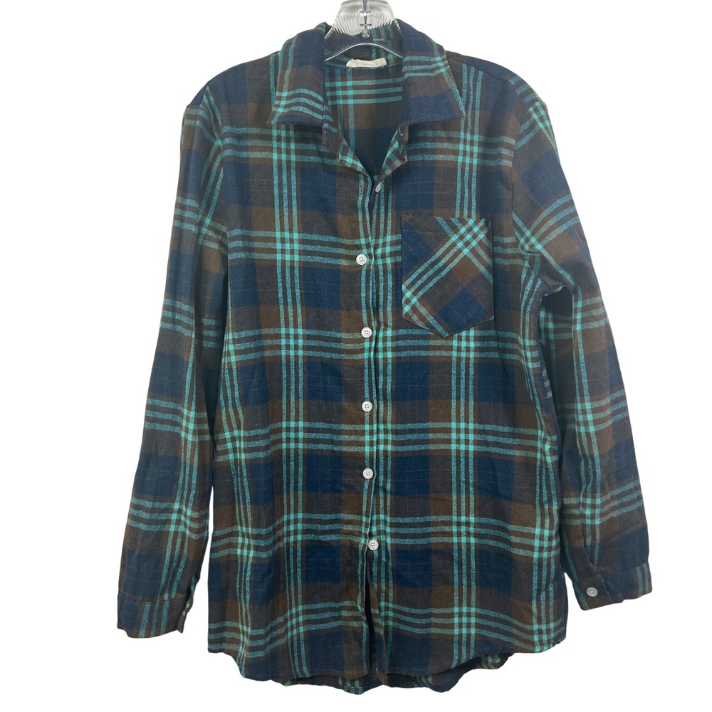 Adora Plaid Button Down Shirt Teal Brown Navy Long Sleeve Medium